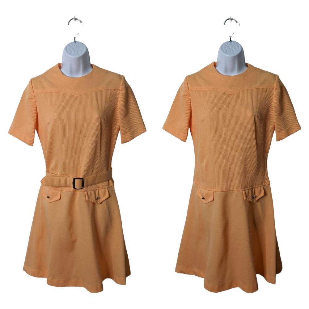 Vintage 60's Peach Shift Dress Drop Waist Short Sleeve Fortrel Textured Poly